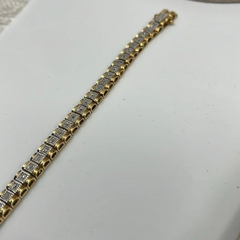 Authentic Sterling Silver Gold Etched Tennis Bracelet - 925 CISS - 8" - Picture 6 of 11